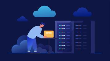 Server Farm Setup An engineer is depicted installing server racks in a modern data center with glowing LED lights representing a cloud infrastructure environment.. vector