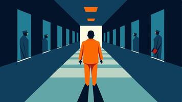 Surveillance Camera View An illustration depicting a view from a surveillance camera showing a guard monitoring inmates walking in a prison corridor.. vector