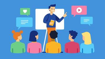 Social Media Workshop A scene of a small workshop where a marketer is presenting tips about effective Instagram posts to a group that includes the microinfluencer.. vector