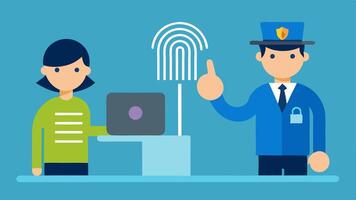 Training Session A image of a forensic technician training a new recruit on how to scan fingerprints and enter data into the database.. vector