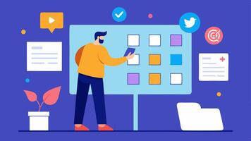 Social Media Planning A content strategist working on a social media content plan with a board displaying various social media posts timelines and engagement strategies.. vector