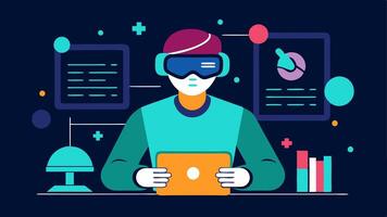 Virtual Reality Reporting A journalist wearing a VR headset typing notes while experiencing a game environment with digital overlays showing stats and player movements.. vector