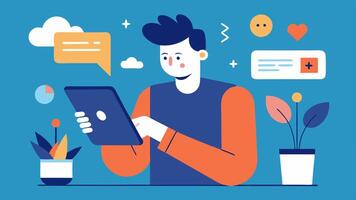 Social Media Graphics An illustrator designs social media posts on their tablet creating visually appealing templates with engaging illustrations for a brands online presence.. vector