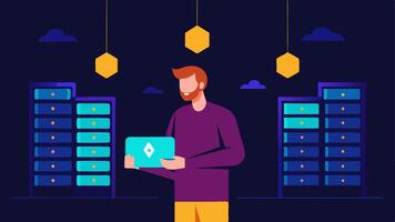 Server Room An illustration of a developer configuring blockchain nodes in a modern server room filled with lights and servers showcasing the technical aspect of blockchain. vector