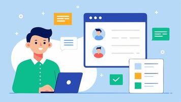 Registration Management A planner managing an online registration portal with a list of registered attendees and confirmation emails being sent.. vector