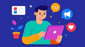 Social Media Post The content creator designing a vibrant social media post on a tablet with game graphics hashtags and exciting captions to share with followers.. vector