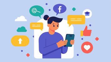 Social Media Updates An illustration showing the journalist actively posting on social media platforms with a smartphone and graphics of likes and shares appearing around.. vector