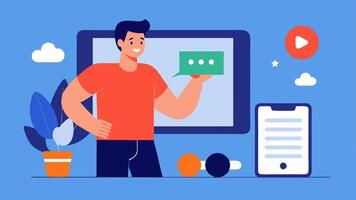 Tailored Workout Plans A scenario depicting a trainer discussing personalized workout plans via chat with a fitness app open on a tablet showing progress tracking.. vector