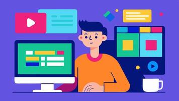 Vibrant Thumbnails An illustration featuring a editor designing eyecatching thumbnails on their computer showcasing vibrant colors and engaging text.. vector