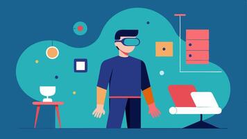 Virtual Reality Design A designer wearing VR goggles immersed in a virtual room where they can manipulate furniture and decor elements.. vector