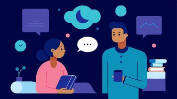 Sleep Hygiene Tips A professional discusses sleep hygiene practices with a client surrounded by icons of bedtime routines and techfree bedroom ideas like dim lights and books.. vector