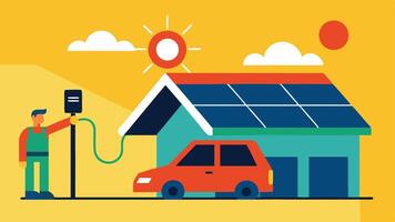 Solar Panel Integration A technician installing solar panels on a roof adjacent to an EV charging station emphasizing renewable energy integration.. vector
