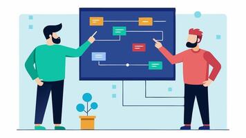 Technical Discussion Two developers engage in a discussion pointing to a large screen that displays technical diagrams and flowcharts for a new VR project.. vector