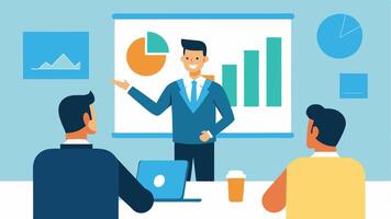 Sponsorship Meeting A professional in a smart suit presenting to potential sponsors with charts and performance metrics displayed on a screen in a welllit conference room.. vector