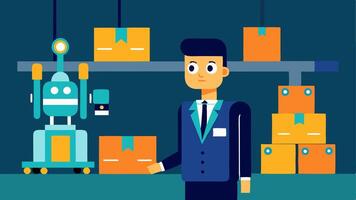 Warehouse Robotics A scene where a manager oversees AIpowered robots moving goods efficiently in a warehouse highlighting automation in logistics.. vector