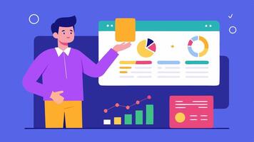 Success Metrics Dashboard A consultant presenting a digital dashboard on a screen displaying key metrics such as subscriber growth and churn rate with vibrant colors.. vector