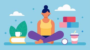 SelfCare and Recovery The influencer is promoting selfcare after a workout showcasing relaxing activities like foam rolling or reading a wellness book in a tranquil setting.. vector