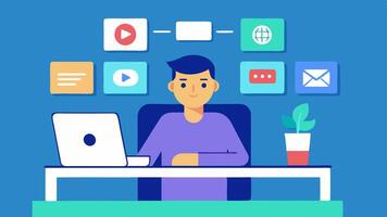 Social Media Previews A editor sitting at a desk with a splitscreen view showing various social media platforms with thumbnails of their edited videos ready for upload.. vector