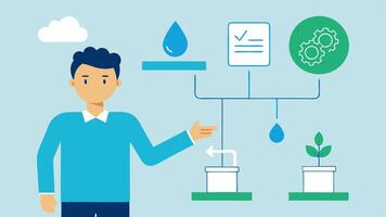 Water Conservation Solutions An advisor explaining rainwater harvesting systems and greywater recycling ods with visual aids like diagrams showing water flow.. vector