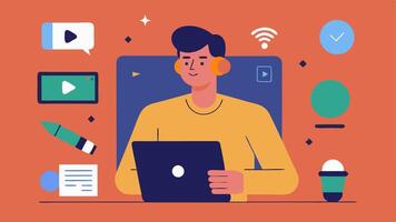 Social Media Promotion A podcast producer creating visuals for social media shown with editing tools open while drafting promotional posts on a tablet.. vector
