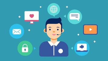 Virtual Support Tools A technician surrounded by floating icons representing various remote support tools such as a chat window call and screen sharing.. vector
