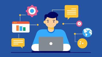 SEO Optimization Tools A marketer using AIdriven SEO tools on a laptop with a visual representation of keyword rankings and optimization suggestions floating around.. vector