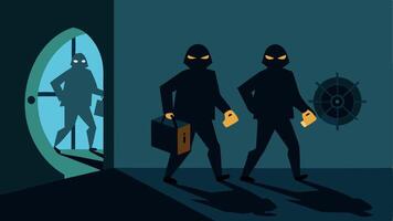 Stealthy Shadows Silhouetted figures of robbers can be seen moving stealthily within the vaults shadows with glints of treasure reflecting off their masks.. vector