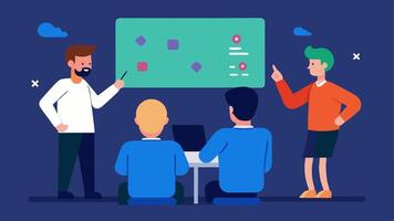 Team Strategy Session A coach stands at a large gaming table pointing towards a digital screen filled with game maps and statistics while the team huddles around taking notes.. vector