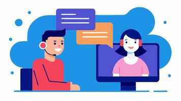 Tech Support Chat An illustration showing a trainer communicating with a client via instant messaging while showcasing helpful tips on a shared document.. vector