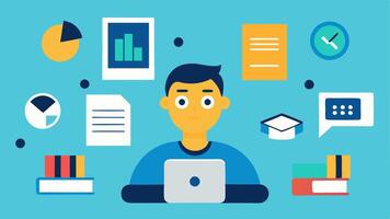 Topic Research A writer surrounded by floating symbols like books research papers and data charts with a friendly robot icon beside them providing assistance.. vector