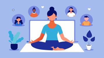 Yoga Session A serene image of a virtual yoga class with participants in various poses while a trainer demonstrates on a large call interface.. vector
