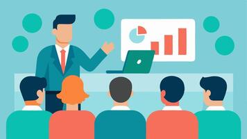 Workshop Setting An illustration of a consultant leading a workshop with multiple business owners discussing subscription strategies with a projector displaying key points.. vector