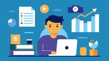 Researching Game Trends A journalist surrounded by books and articles about esports highlighting market trends and player growth with charts and infographics tered across the desk.. vector