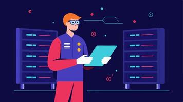 Server Room A systems administrator dressed in a tech uniform inspects server racks while consulting a clipboard filled with network diagrams and protocols related to blockchain. vector