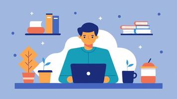 Writer at Desk A freelance writer sitting at a cozy desk with a laptop open surrounded by books and a steaming coffee mug with notes and sketches tered around.. vector