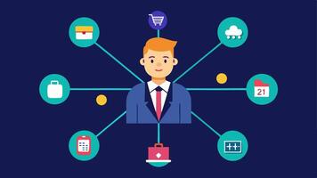 Supplier Network A supply chain manager connecting with various suppliers through an interactive digital network with AI suggesting the best suppliers based on performance metrics.. vector