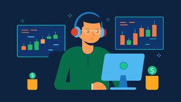 Trader at a Computer A focused individual sitting at a desk wearing headphones and analyzing charts on multiple screens showing fluctuating cryptocurrency values.. vector