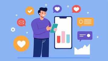 Social Media Analysis A professional examining a smartphone displaying a social media analytics app with various engagement metrics and an AIpowered algorithm suggestion graphic. vector