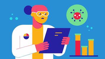 Toxicology Report An illustration showing the pathologist looking at a printed toxicology report with important figures highlighted in bright colors.. vector