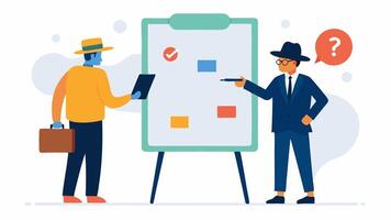 Whiteboard Session A detective writing on a whiteboard with various sketches and points about the case while another stands beside nodding in agreement.. vector