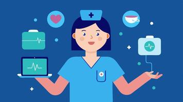 Virtual Health Consultation A nurse holding a tablet displaying a patients vitals while gesturing towards the screen showing a virtual environment bustling with digital health. vector