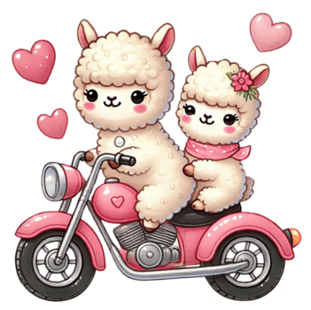 söt lamadjur ridning en rosa motorcykel, hjärtan flytande runt om dem, nyckfull och glad. Lycklig hjärtans dag. png