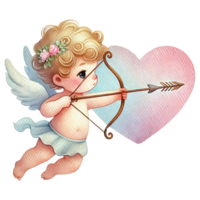 Cute cupid aiming an arrow towards a heart symbolizing love. Valentine's cartoon character. png