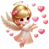 Cute angelic character surrounded by floating hearts for love. Valentine's cartoon character. png