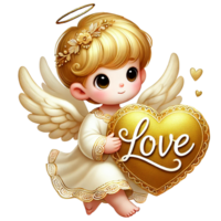 Cute angel holding a heart with the word love, symbolizing affection. Valentine's cartoon character. png