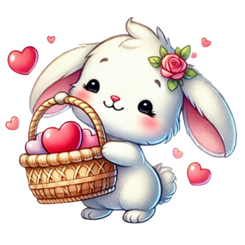 söt kanin innehav en korg av hjärtan, perfekt för hjärtans dag. hjärtans tecknad serie karaktär. png