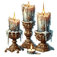 Elegant candles with intricate holders, creating warm ambience. White Christmas concept png