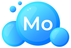 Molybdenum Mo element depiction with luminescent blue orbs for chemistry education png