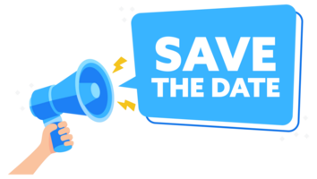 Dynamic Illustration of Hand Holding Megaphone Announcing Save The Date Message png