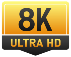 Set of gold and black icons indicating different resolutions from 720p to 8k ultra hd png